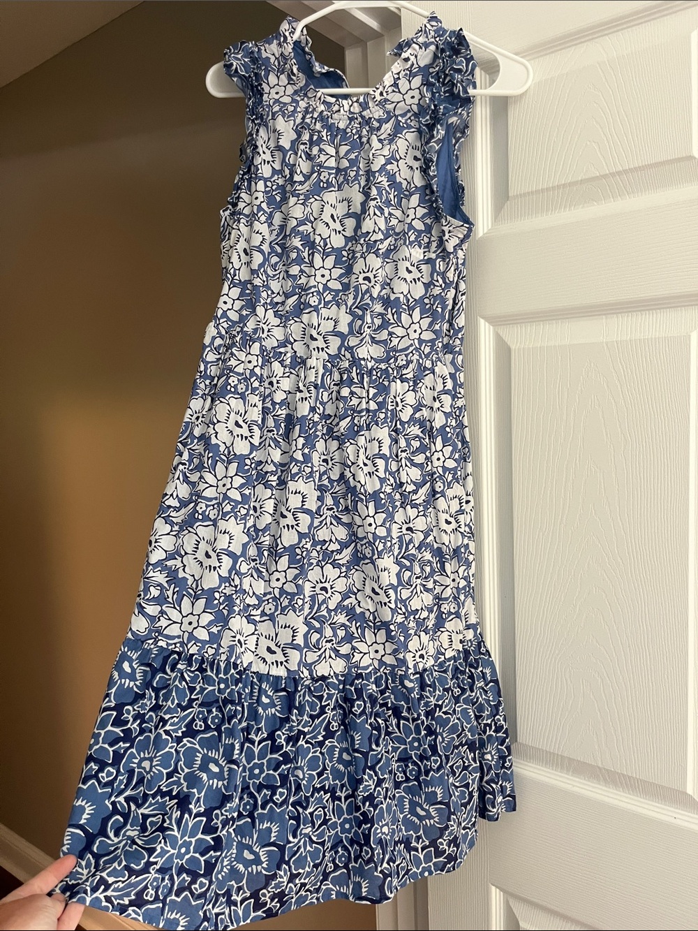 J. Crew Factory Blue and White Floral Ruffle Midi Dress